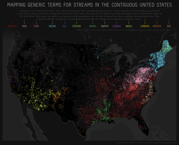 Map of generic toponyms for streams in the contiguous US